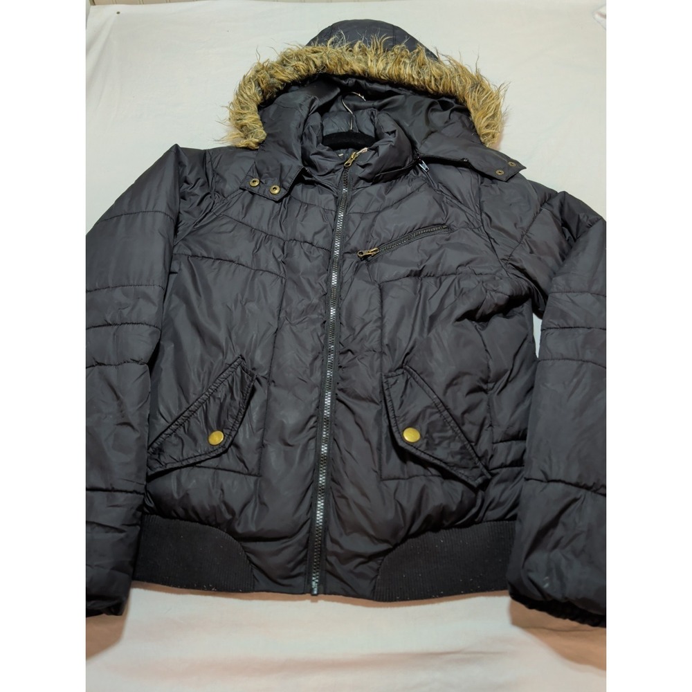 Arizona Jean Co Black Puffer Jacket Faux Fur Hood Bomber Coat XL 76184-1